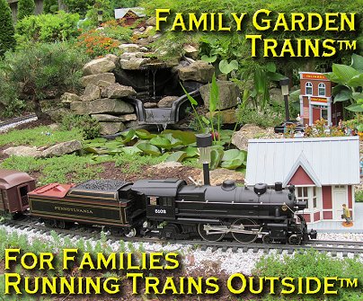 Family Garden Trains. This is New Boston in June, 2013, at an open railroad for the held in conjunction with the 2013 National Garden Railway Confention. Click for bigger photo.