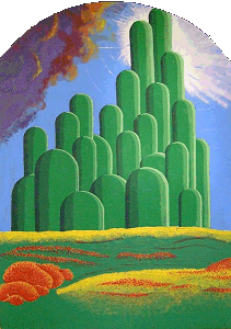 I outlined and painted the towers, using five shades of green on each tower.  The young director's sister painted the meadow, and the young director painted the clouds and the sunburst.  Pretty cool, huh? Click for bigger photo