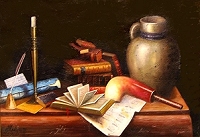 This painting is done by an unknown artist after the style of Trompe d'Oeil painter William Harnet. See how the exaggerated shadows and proportions make the objects 'pop' out of the frame.