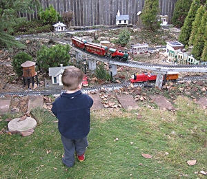 What you can't see is this young man pushing the buttons on the Lionel remote to see if it would control the garden trains - it didn't.  Click for bigger photo.