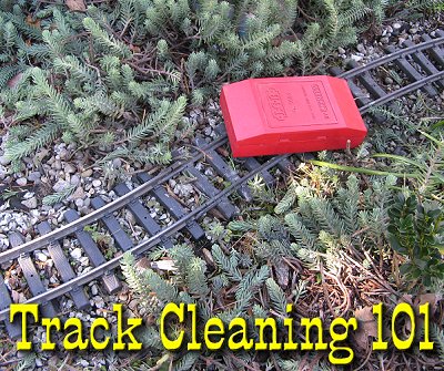 Track Cleaning 101. The LGB track cleaning pad has gotten the top of the rail on the track at the lower left nice and shiny, but as you can see, invasive groundcovers must also be cleared back.