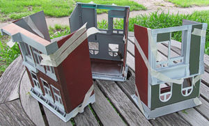 Fisher Price buildings with roof, face, and sidewall glued and taped. Click for bigger photo.