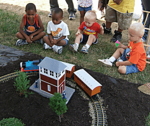 Once Thomas was running on the ground, he was just as much an attraction as James running on the raised railroad, and maybe more attractive to really small children. Click for bigger photo.