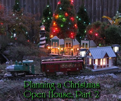 Planning a Christmas Open House, Part 2. Lighting trees and rehablitating old buildings.  The Piko storefronts came from Louie Pittoli, complete with streetlamps, bases, and wiring. The locomotive is an old Lionel piece; the combine is an old AristoCraft piec.  Click for a bigger photo.