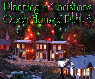 Planning a Christmas Open House, Part 3. Fixing up and lighting more buildings, testing the ROW and other work. Click for a bigger photo.