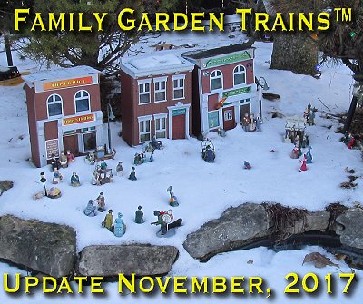 November, 2017 Update from Family Garden Trains<sup><small>TM</small></sup>.  This is a photo of the 'old' New Boston on the Race family's first 'permanent' garden railroad, taken in January, 2016. Click to see a bigger photo.