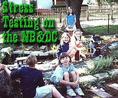 In 2000, our oldest daughter's graduation open house brought over a dozen youngsters into our back yard, and we let many of them run trains, set up buildings, and so on.  Click for a slightly larger photo.