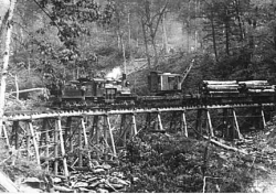 In this early photograph a Shay is seen pulling a crane and several log cars across a wooden trestle. Click to see the photo on the museum's web site.
