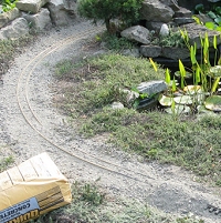 Dry Quickrete mix on the future roadbed. Click for a photo that shows more of this loop.