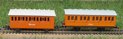 Bachmann and Lionel Thomas and Friends coaches side by side. Click for bigger photo.