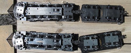 The bottom of Lionel's Ready-to-Play Polar Express (top) compared to the older 'G gauge' version (bottom).  Click for a bigger photo.