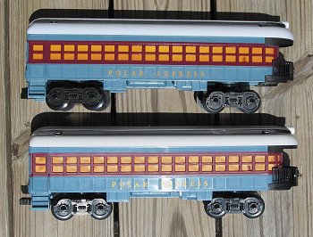 The Lionel Ready-to-Play observation car compared to the older G-gauge car.  Click for a bigger photo.