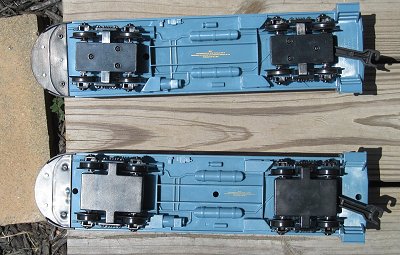 The bottom of the observation cars showing the difference in the trucks.  The same difference is true on the coach and the tender.  Click for bigger photo.