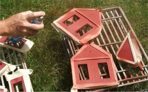 This is part of an AristoCraft Victorian station with the trim masked off. I wanted to keep the trim gray, but paint the board-and-batten siding a more 'Midwestern' color.  This photo shows a light coat being applied from several inches away. Click for bigger photo.